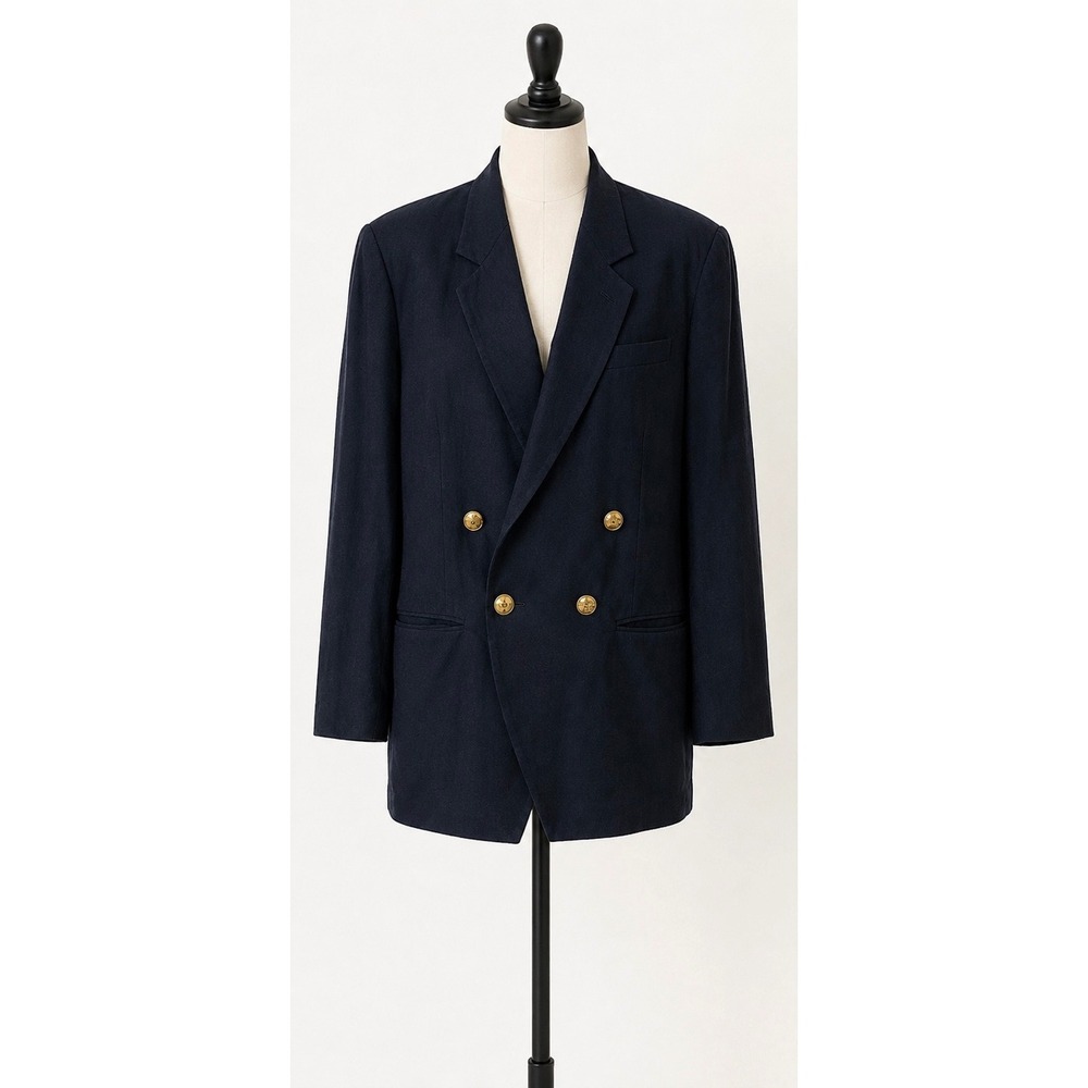 Emporio Armani Navy Blue Linen Double Breasted Blazer Gold Crest Buttons Italy